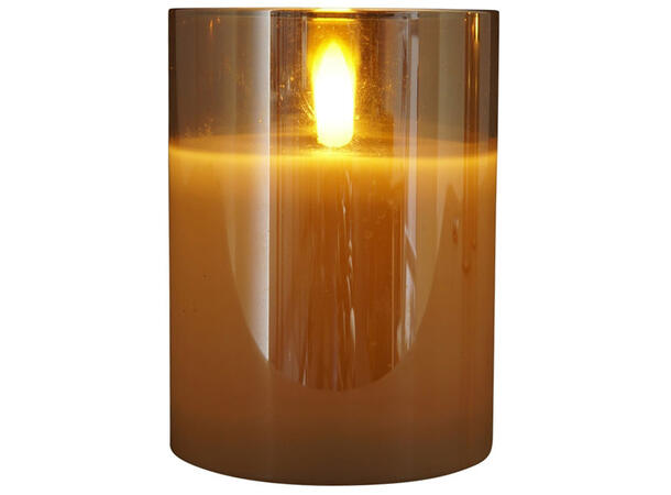 Kubbelys LED i amber glass 7,5x7,5x10cm Batteri: 2xAA. Timer 5t på/19t av 
