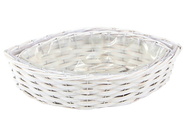 Kurv hvit flettet m/plast s/2 38x12x11cm/34x18x9cm 