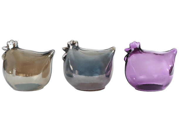 Kylling lilla/grå/amber glass 13cm 3ass Forpakning 12stk 