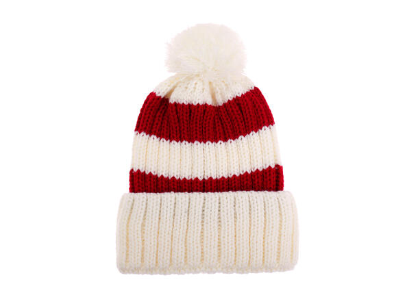 Lue ribbestrikket hvit m/rød onesize Myk akryl som ikke klør 