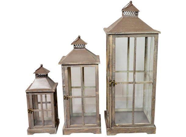 Lykt brun tre m/glass metalltak S/3 18x16x43cm 24x22x60cm 30x28x80cm 