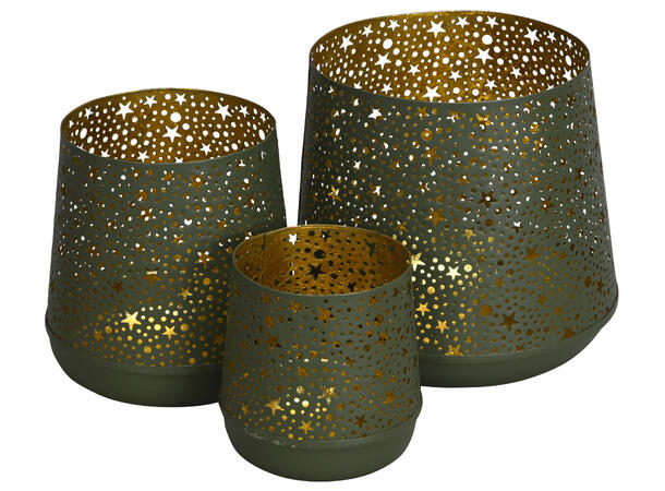 Lykt grønn metall m/gull 13-16-18cm s/3 12x13cm 15x16cm 22x20cm 