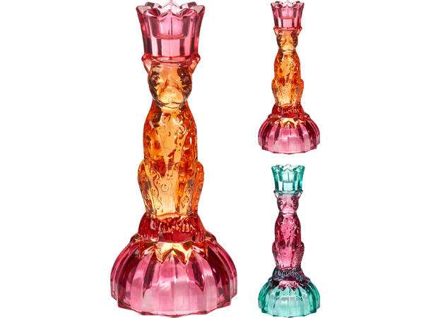 Lysestake 2 farget glass 8x19cm 2ass Mørk rosa/oransje, blå/mørk rosa 