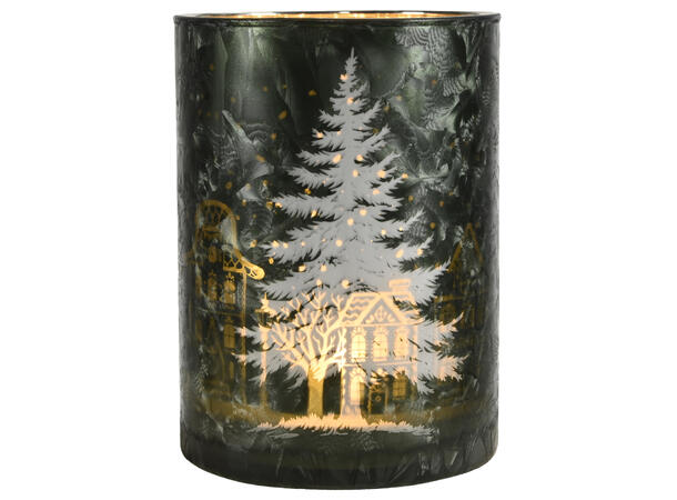 Lysglass frostet grønn m/juletre 18x24cm 