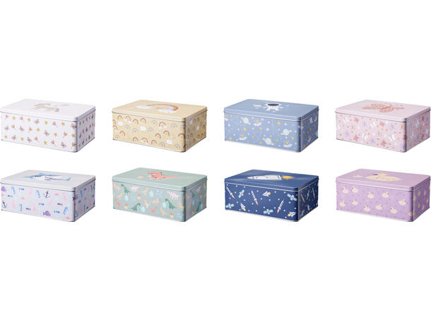 Metallboks motiv for barn 4ass s/2 Forpk 12sett 20x13x8cm 22x16x9cm 
