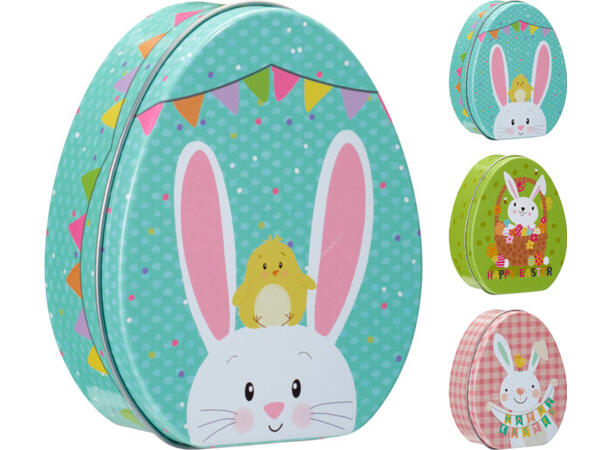 Metallboks påske kanin 9x11,5x4,5cm 3ass 12stk i display Vekt:68gram 