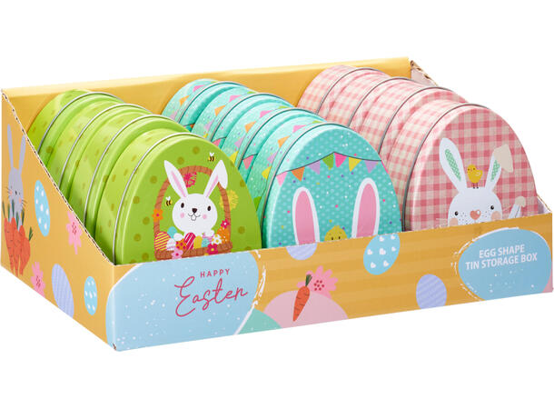 Metallboks påske kanin 9x11,5x4,5cm 3ass 12stk i display Vekt:68gram 