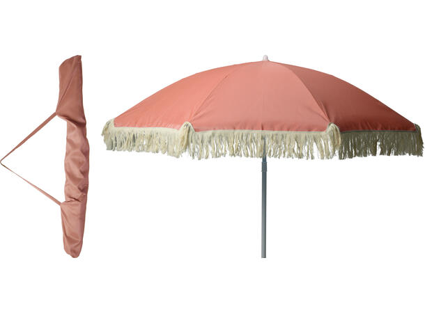 Parasoll rosa m/frynser 156x176cm Hvit stålstang,UPF30+, polyester 140g/m² 