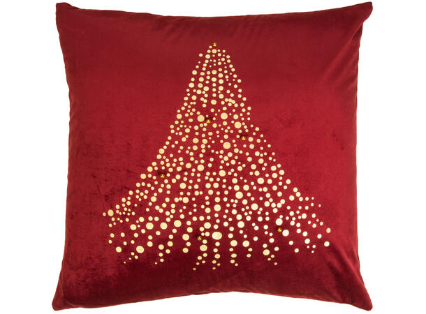 Putetrekk burgunder gull juletre 45x45cm Velurstoff med gullperler 