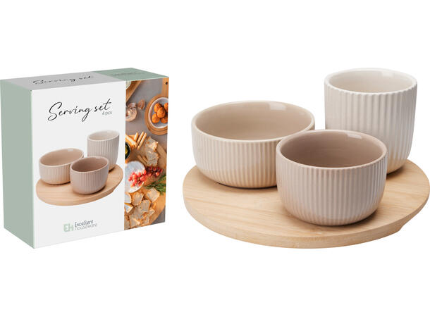 Serveringssett steingods/akasie 4 deler Fat 20cm Bolle 8x5,5cm 10x4,5cm 7,5x8cm 