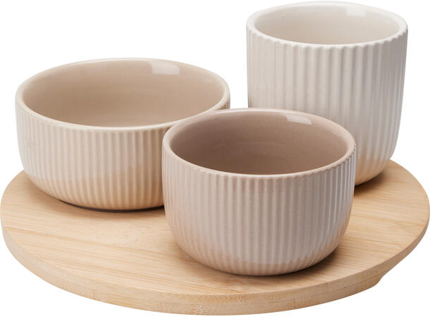 Serveringssett steingods/akasie 4 deler Fat 20cm Bolle 8x5,5cm 10x4,5cm 7,5x8cm 