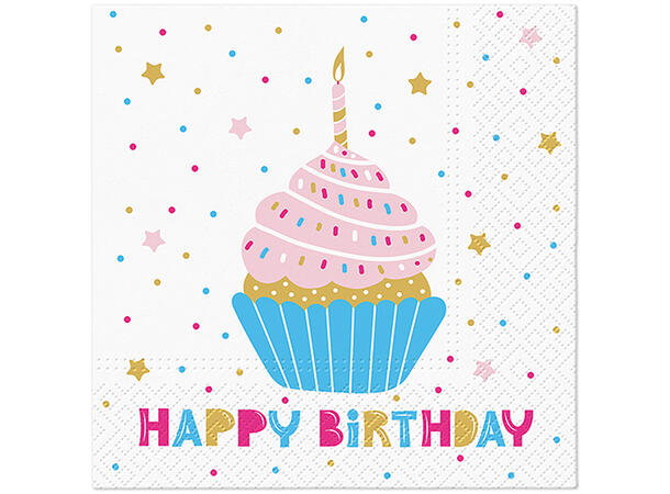 Serviett Birthday Muffin Lunsjserviett 20 stk 3-lags 33x33cm 