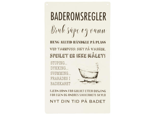 Skilt avlangt Baderomsregler 16x27cm Metall 