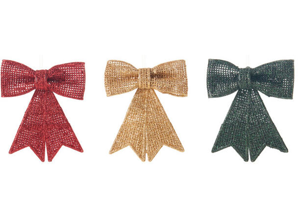 Sløyfe rød,grønn,gull glitt 9x10cm 3ass Display 72stk 