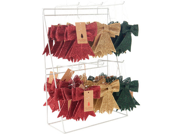 Sløyfe rød,grønn,gull glitt 9x10cm 3ass Display 72stk 