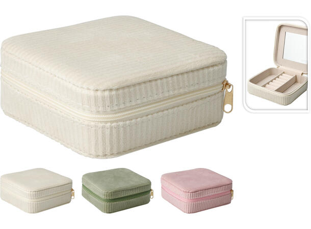 Smykkeskrin 12x12x5cm 3ass Offwhite, rosa, grønn 