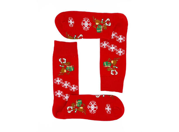 Sokk rød med happy reinsdyr 41-47 75% bomull, 22% polyester, 3% elastan 