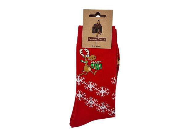 Sokk rød med happy reinsdyr 41-47 75% bomull, 22% polyester, 3% elastan 