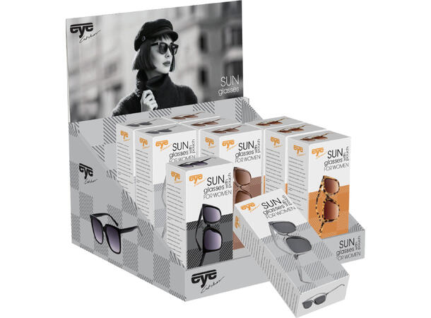 Solbriller dame akryl/rustfritt 4ass Display med 24stk. Leveres med stoffpose 