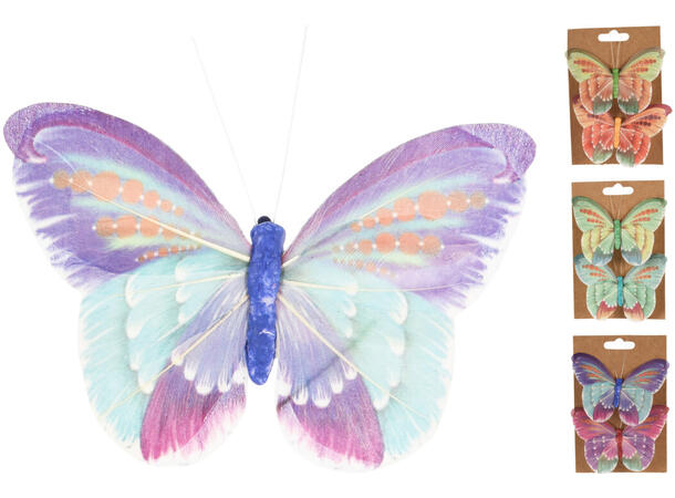 Sommerfugl m/klype 10,5cm 2pk fjær 3ass 