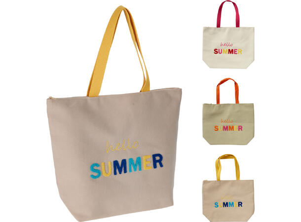 Strandbag Hello Summer 48x15x38cm 3ass Polyester med glidelås og bomullshåndtak 
