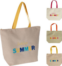 Strandbag Hello Summer 48x15x38cm 3ass Polyester med glidelås og bomullshåndtak