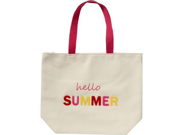 Strandbag Hello Summer 48x15x38cm 3ass Polyester med glidelås og bomullshåndtak 