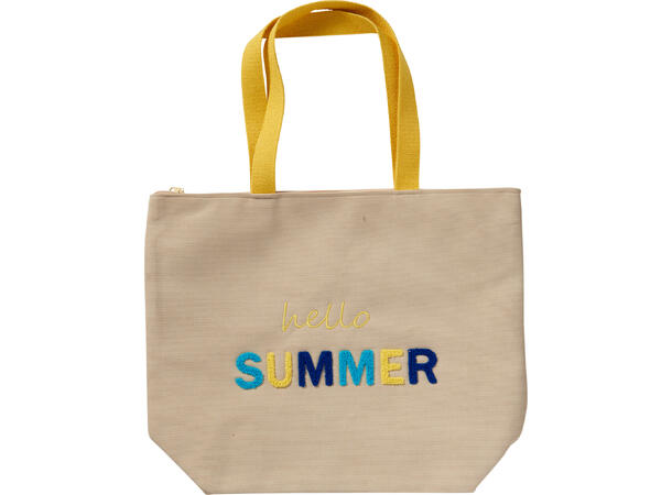 Strandbag Hello Summer 48x15x38cm 3ass Polyester med glidelås og bomullshåndtak 