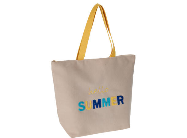 Strandbag Hello Summer 48x15x38cm 3ass Polyester med glidelås og bomullshåndtak 