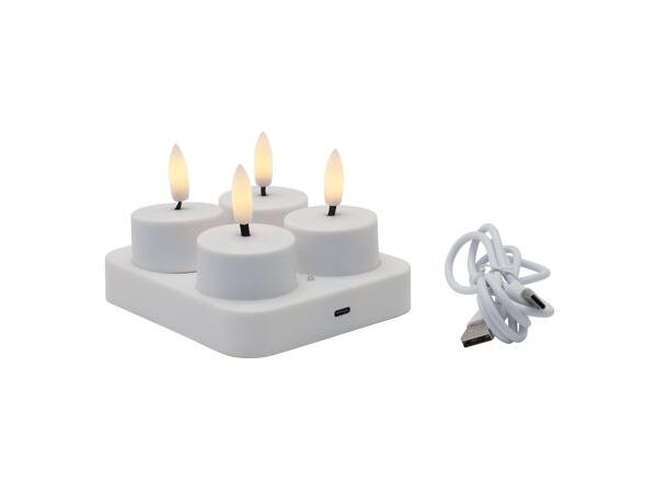 Telys LED hvit hardplast 11x9,5x4cm s/4 Ladeplate med USB kabel 