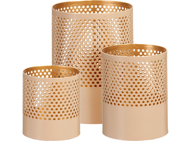 Telyslykt matt beige/gull metall s/3 Str: 7x7, 5cm 8,5x10cm, 10x13cm 