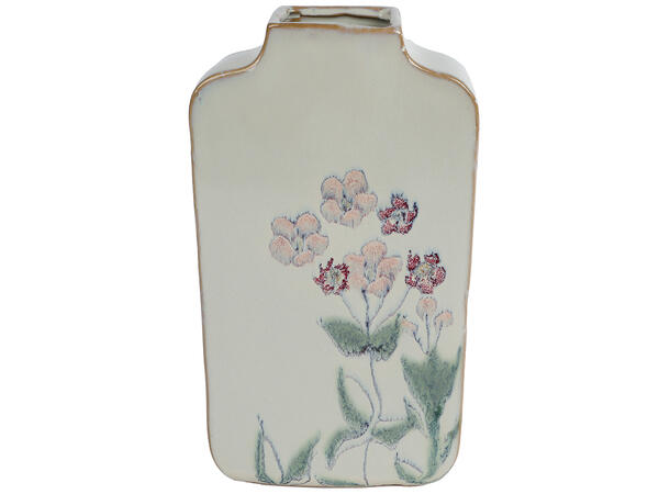 Vase hvit blomstret keramikk 13x5x23,5cm Forpakn.2stk 
