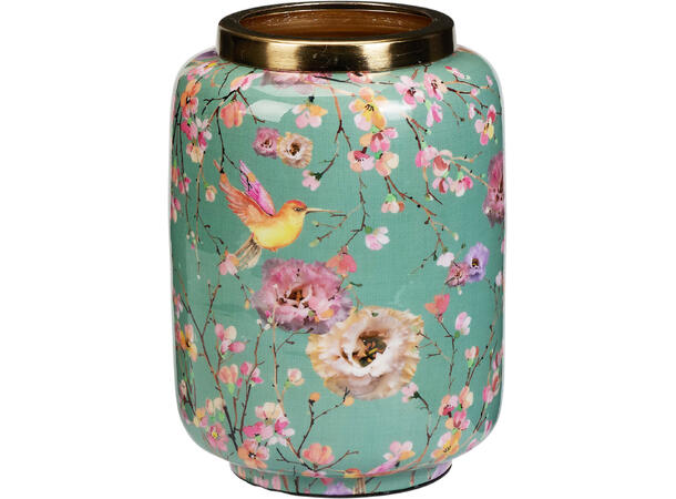 Vase metall grønn m/blomst 15x20cm Gullkant 