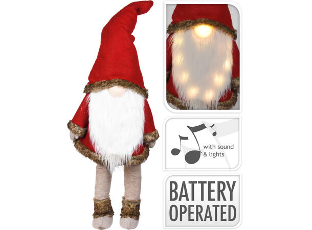 Nisse m/skjegg LED-lys/musikk 130cm Batteri 