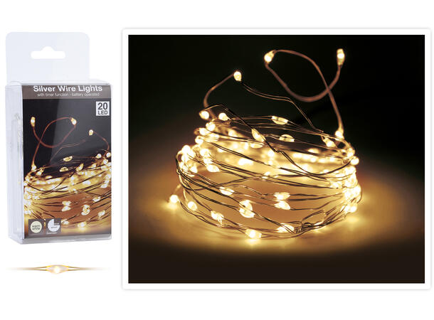 LED lyslenke sølv 20 lys Timer 1 meter Forpk 36stk Batteri 3xAA Innendørs 