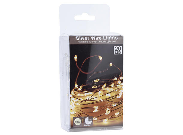 LED lyslenke sølv 20 lys Timer 1 meter Forpk 36stk Batteri 3xAA Innendørs 