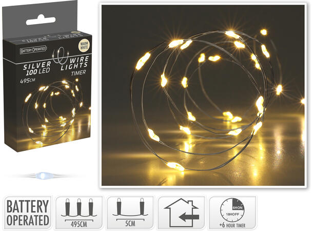 Lyslenke 100 LED sølv 5m Batteri 3xAA innendørs Timer 6/18t 