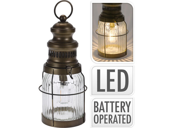 Lykt brunt metall m/klart glass LED 29cm 2xAAA batteri /varmt hvit lys 