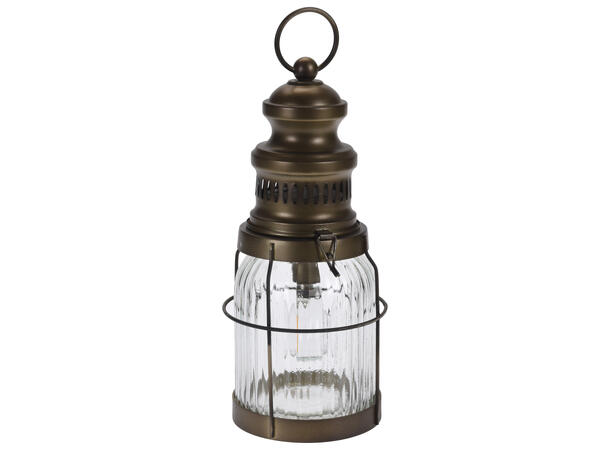 Lykt brunt metall m/klart glass LED 29cm 2xAAA batteri /varmt hvit lys 