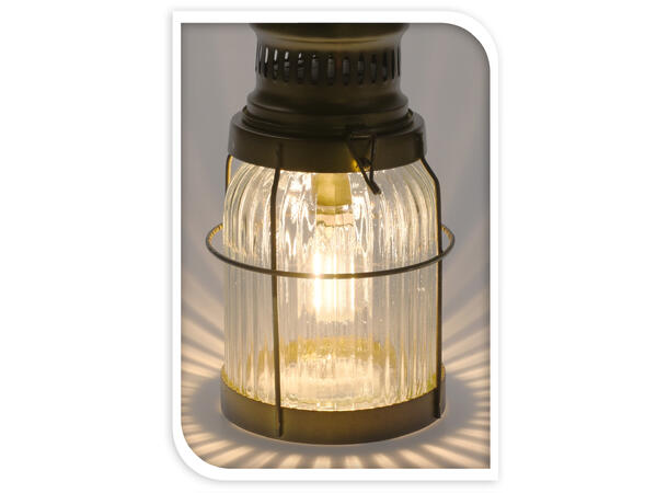 Lykt brunt metall m/klart glass LED 29cm 2xAAA batteri /varmt hvit lys 