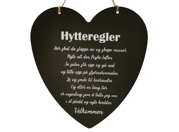 Skilt hjerte stort Hytteregler sort 16x17cm Metall 