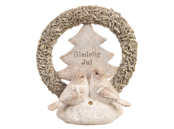 Fugl m/krans Gledelig Jul m/LED-lys 12x13cm 