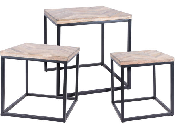 Sidebord naturfarg.tre m/sort metall s/3 31x31x35cm/36x36x36cm/40x40x43cm 