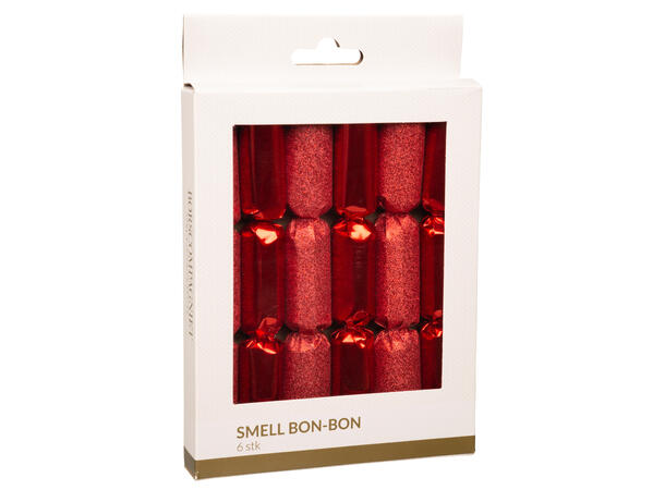 Smell bon-bon rød 2 ass metallic 6stk 6 stk 15 cm lange, med knall,vits & hatt 