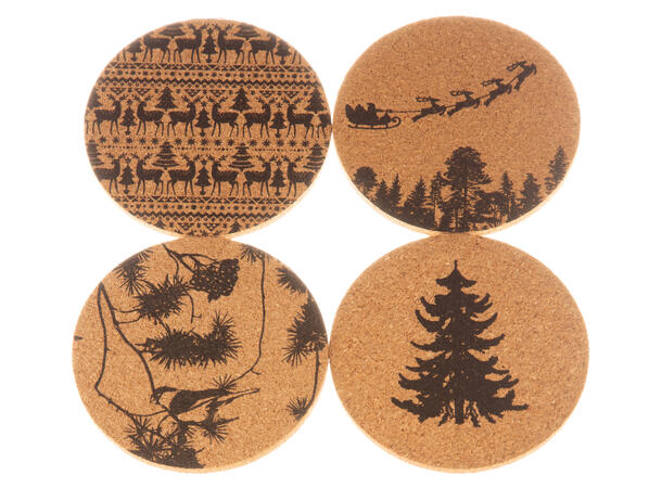 Glassbrikke Julemotiv kork 4 stk 5mm d:10cm  Sett m/4 stk plastpakket 