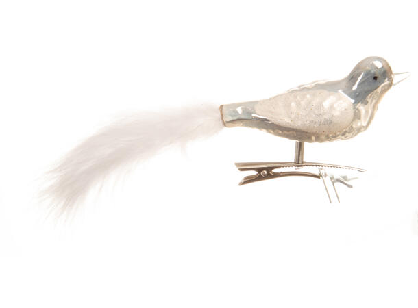 Fugl glass hvit m/fjær klype 17cm 2stk 