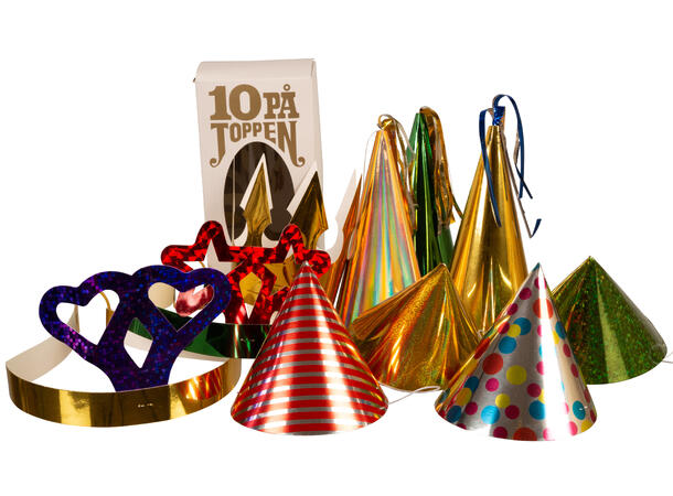Partyhatt Ti på toppen 10 stk i eske Inneholder 10 assorterte bursdagshatter 