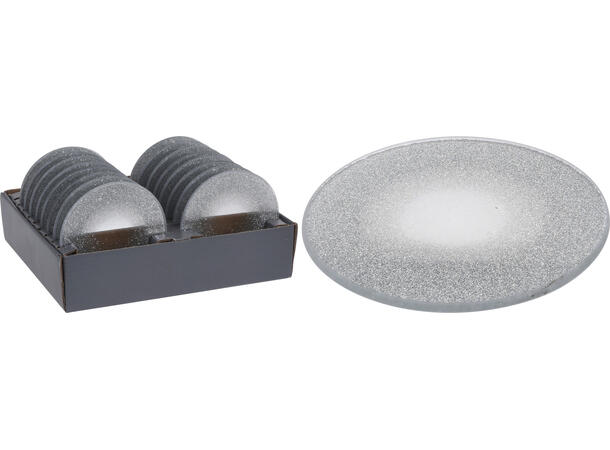 Lysfat glass m/glitter sølv d:10cm 22stk i dispaly 