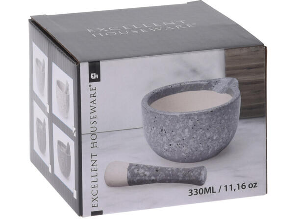 Morter m/presse steingods 11x10cm 4ass 330ml  hvit/lysgrå/grå/mørkgrå 