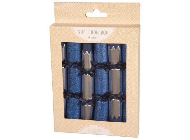 Smell bon-bon mørk blå med sløyfe 2ass 6 stk 15 cm lange, med knall,vits & hatt 